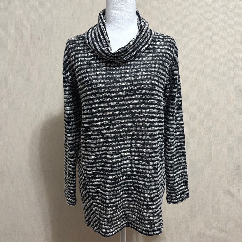 J.Jill Tunic Sweater Black White Striped Cowl Neck Lightweight Semi-Sheer Knit S